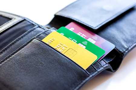 Credit cards with wallet close up - online shoppingの写真素材