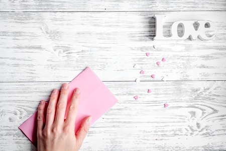 concept Valentines Day on wooden background top viewの写真素材