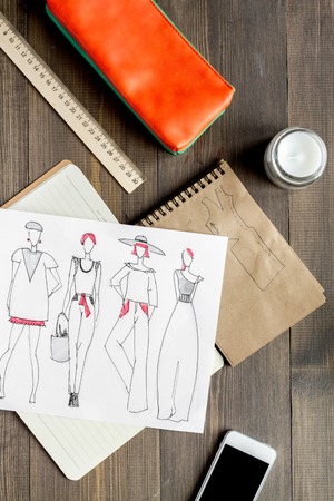 desktop designer clothes with tools top view mock upの写真素材