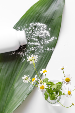 natural organic cosmetics for baby with chamomile on white background top viewの写真素材
