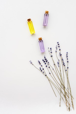 cosmetics with lavender on white background top view.の写真素材