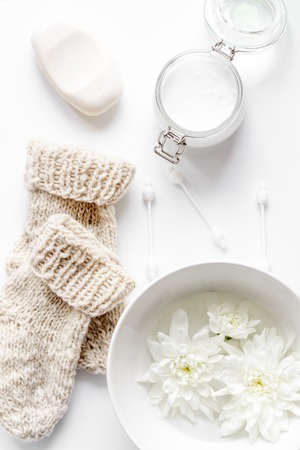 natural organic cosmetics for baby with chamomile on white background top viewの写真素材