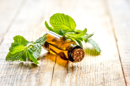 organic cosmetics with herbal extracts of mint on wooden backgroundの写真素材