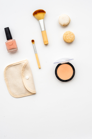 decorative cosmetics on white background top view.の写真素材