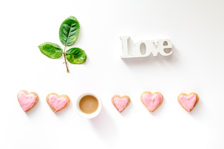 cookies for Valentine Day heartshaped white background top view patternの写真素材