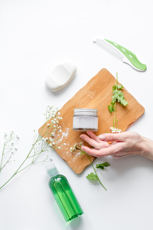 natural organic cosmetics for baby with chamomile on white background top viewの写真素材