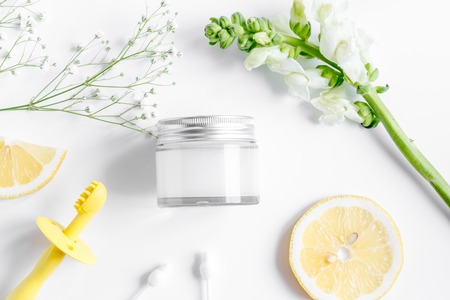 natural organic cosmetics for baby with herb on white background top viewの写真素材