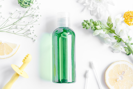 natural organic cosmetics for baby with herb on white background top viewの写真素材