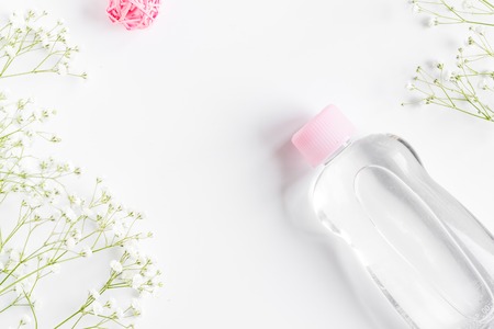 natural organic cosmetics for baby with herb on white background top viewの写真素材