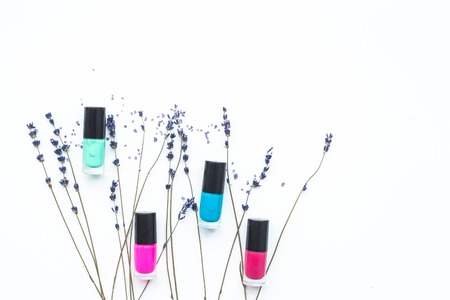 decorative cosmetics on white background top view.の写真素材