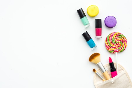 decorative cosmetics on white background top view.の写真素材