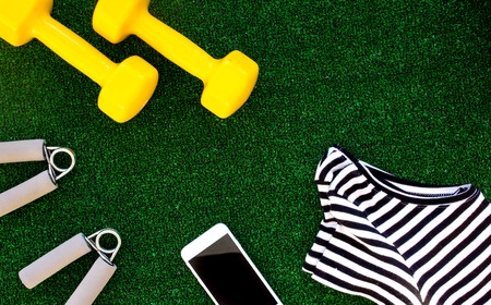 concept preparing to fitness sports equipment top view mock upの写真素材