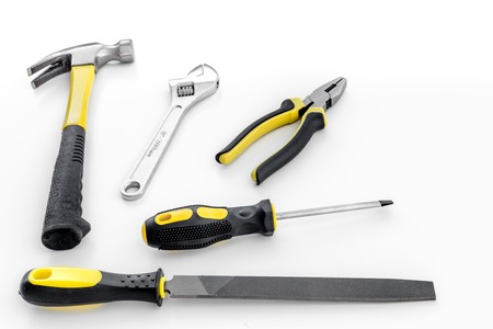 Tools for repairing top view on white layout.の写真素材