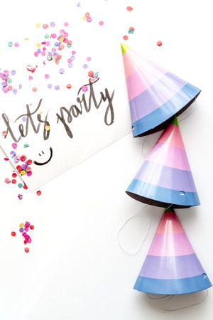 concept birthday party top view on white background mock up.の写真素材