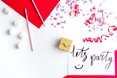 concept birthday party top view on white background mock up.の写真素材