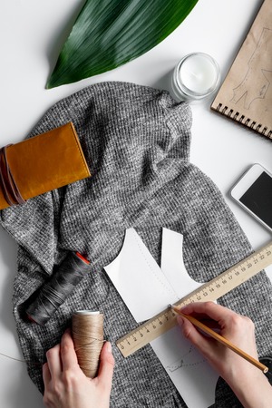 desktop designer clothes with tools top view mock up.