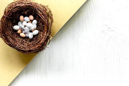 Easter eggs in nest on white background top view mock upの写真素材