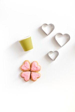 cookies for Valentine Day heartshaped white background top view patternの写真素材