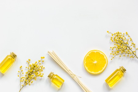 Yellow cosmetic set for body care on white background top viewの写真素材