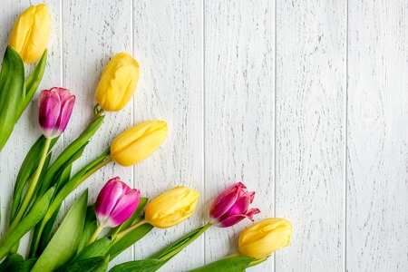flowers spring tulips top view on wooden background mockup