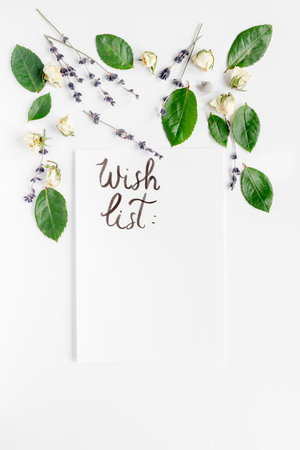 concept calligraphy and floral pattern top view wish listの写真素材