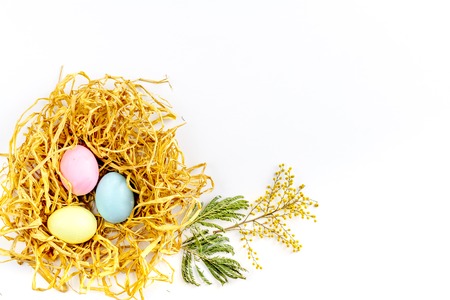 Easter concept on white background top view mockupの写真素材
