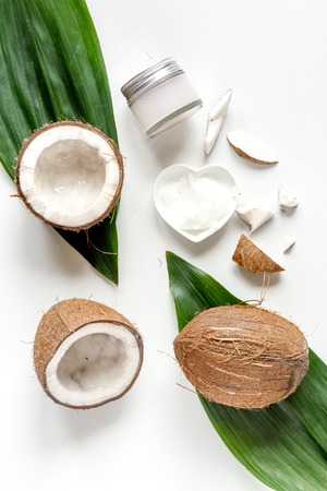 organic cosmetics with coconut on white background top viewの写真素材