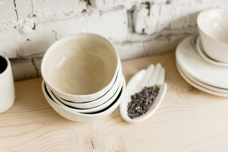 workshop production of ceramic tableware finished productsの写真素材