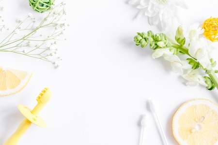 natural organic cosmetics for baby on white background top view