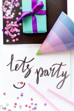 concept birthday party top view on white background mock up.の写真素材