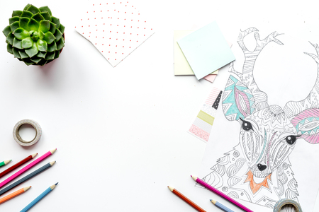 coloring picture for adults on white background top view mockupの写真素材