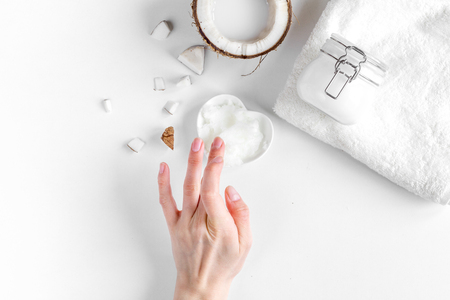 organic cosmetics with coconut on white background top view mockupの写真素材