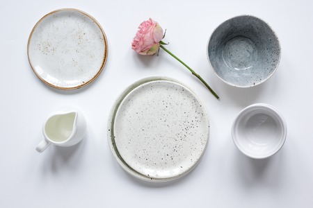 ceramic tableware top view on white background mock upの写真素材