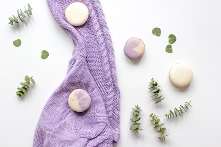 Trendy design with macaroons and flowers on white background top viewの写真素材