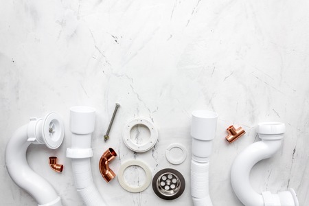 concept plumbing work top view on stone backgroundの写真素材