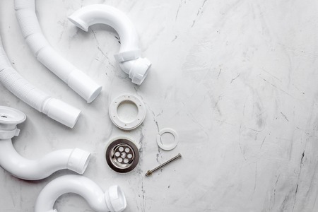 concept plumbing work top view on stone backgroundの写真素材