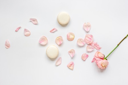 spring design with macaroons and flower in soft light top viewの写真素材