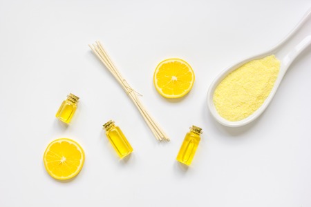 cosmetic spa set with oils and salt white background top view mock-upの写真素材