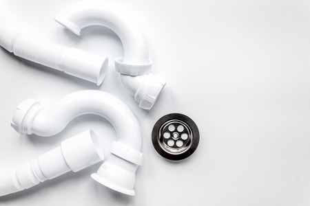 concept plumbing work top view on white background.の写真素材
