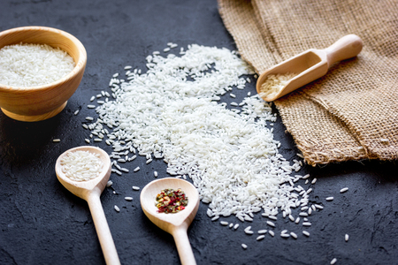 ingredients for paella on dark backgroundの写真素材