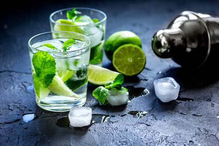 mojito in glass on dark background close upの写真素材