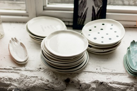 workshop production of ceramic tableware finished productsの写真素材