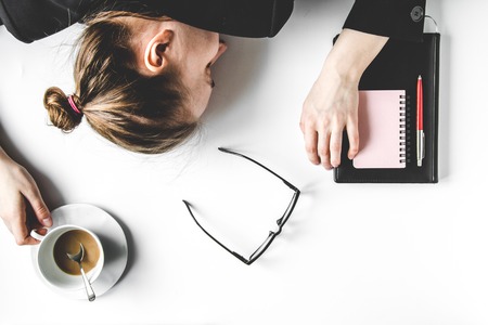 lifestyle tired business woman top view mock upの写真素材