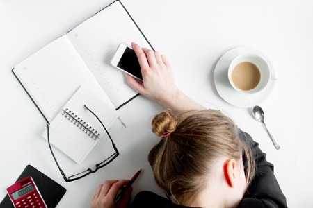 lifestyle tired business woman top view mock upの写真素材