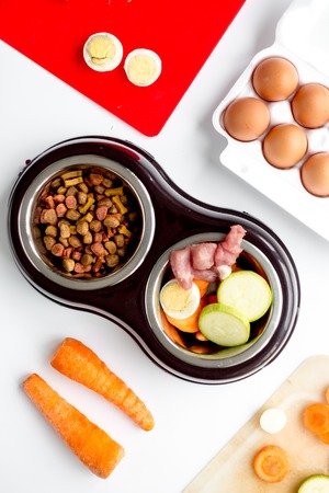 Dogfood set with vegetables, eggs and meat on table background top viewの写真素材