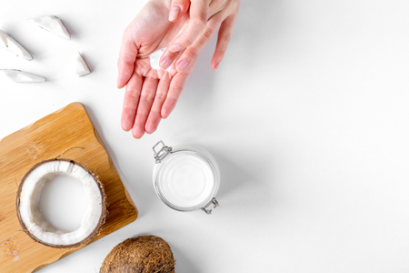 organic cosmetics with coconut on white background top view mockupの写真素材
