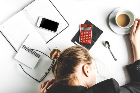 lifestyle of tired business woman top view mock upの写真素材