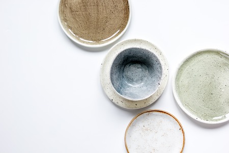 Top view of ceramic tableware on a white backgroundの写真素材