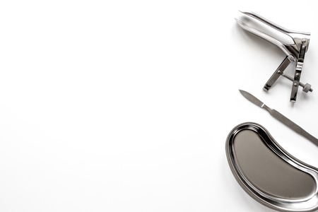 instruments of gynecologist on white background top viewの写真素材