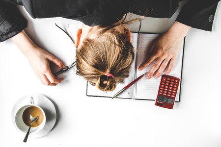 lifestyle tired business woman top view mock upの写真素材